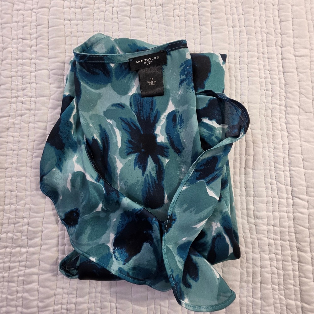 Ann Taylor Ruffle Floral Sleeveless Shell Teal Blue Womens 12 Excellent - Picture 10 of 12